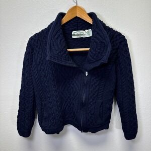 Aran Crafts 100% Merino Wool Zip Up Blue Sweater Coat Jacket Womens XS IRELAND